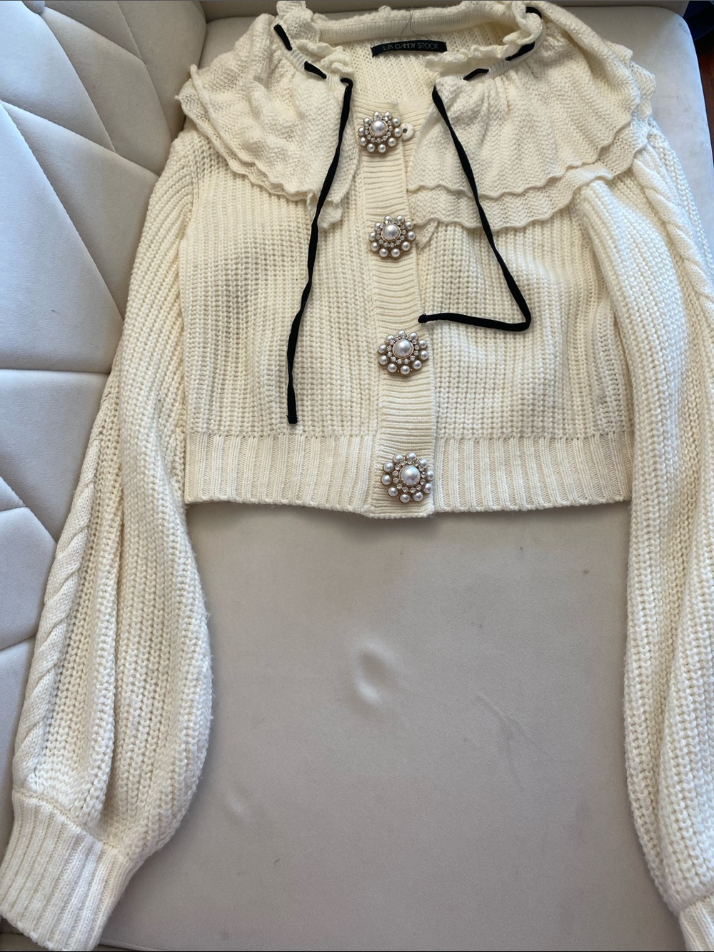 Lace & Tease Cream Pearl-Button Ruffle Collar Sweater